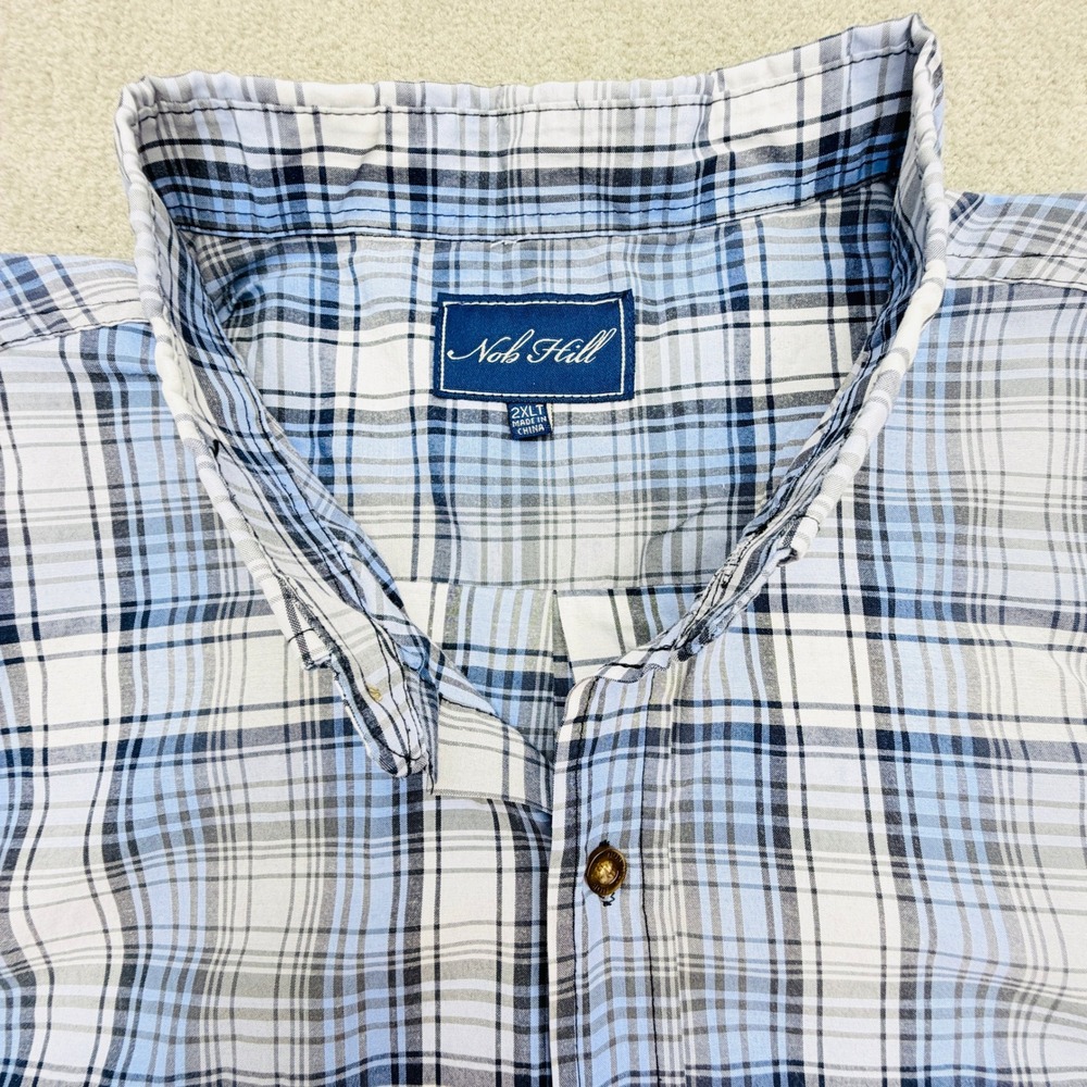 Nob Hill Mens Lightweight Cotton Short Sleeve Plaid Shirt Blue White 2XLT